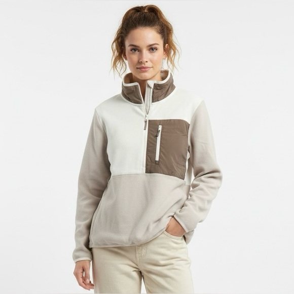 Hyba Tops - Hyba | Two-Tone Half Zip-Up Polar Fleece Pullover With Pockets Super Soft